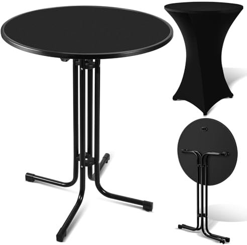 Yakimz Stehtisch klappbar Ø80cm mit Husse,Klapptisch rund,110cm hoch,Bistrotisch,wetterfester Partytisch,Schwarz,Pulverbeschichtete Edelstahlplatte