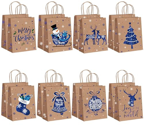 WANYI 16 Stück Geschenktüten Weihnachten Klein Papiertüten Kraftpapiertüten mit Henkel Weihnachtstüten Verpackungstüten mit Weihnachtsdruck zum Verpacken von Geschenken (22 * 16 * 8cm)