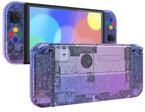 eXtremeRate Coque Complète de Remplacement avec Bouton pour Nintendo Switch OLED, Coque avec Bouton avec Support pour PC Personnalisé pour Nintendo Switch OLED, Transparent Dégradé Bleu Violet