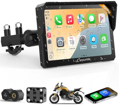 Carpuride W702T Pro Moto Carplay Écran avec TPMS Système, sans Fil Carplay et Android Auto, Portable 7 Étanche Tactile Écran, Double Bluetooth, Interphone Fonction, Navigation, Boussole, Baromètre.