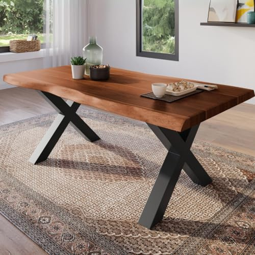 trelevo Esszimmertisch 180x90 cm Akazie nussbaumfarben X-Gestell Baumkante