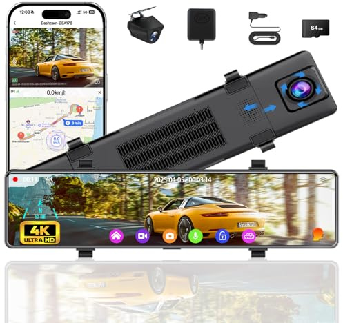 12 Mirror Dash Cam Front and Rear, 4K Front + 2.5K Dual Dashcam for Cars with Voice Control Dashboard Camera Built-in WiFi GPS, Parking Mode, G-Sensor, Night Vision (Free 64GB Card)