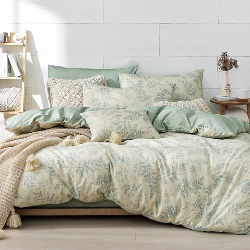 LEMIROE 100% Natural Botanical Cotton Duvet Cover Queen Size 3pcs,Printed with Luxurious Grayish-Green Ferns on Beige,Dusty Green Comforter Cover Sets,Button Closure