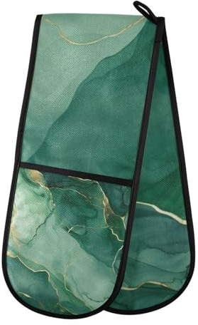 Oven Gloves Double Oven Gloves Marble Green Oven Mitts Pot Holder Heat Resistant Quilted for BBQ Baking Kitchen Cooking Gloves
