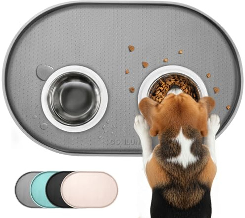 Conlun Napfunterlage Hund,1,2cm Hohe Ränder Futtermatte Katzen zur Vermeidung von Verschüttungen,BPA-Freie mit Rand Futtermatte für Haustiere für Futter- und Wassernäpfe (60x40cm, Grau)