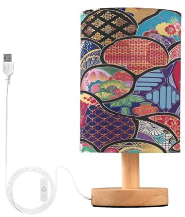 SKYSHU Lámpara de mesa de noche clásica japonesa, pequeña luz LED de escritorio, lámpara USB con base de madera antideslizante y pantalla agradable para los ojos para sala de estar, dormitorio,