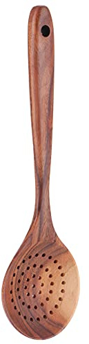 Nikou Cuillère ajourée en bois, écumoire à long manche, ustensile de cuisine pour la cuisine, cuillère à passoire, 30,5 cm, finition bois