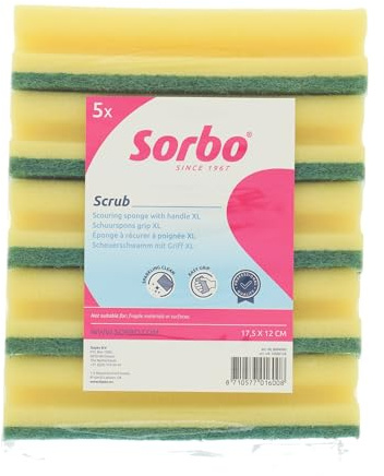 Sorbo Spugne Jumbo con manico, set da 5 pezzi, extra grandi, 17,5 x 10,5 x 5 cm, lato abrasivo verde, spugna in viscosa, altamente assorbente e lavabile, spugne per la pulizia della casa e della