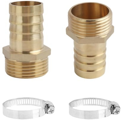 Jecdfs 2pcs boquillas de manguera de latón de 1 pulgada,Conector de Manguera AG x 25 mm con 2 Abrazaderas y Cinta de Sellado de Rosca, para Uso en Jardín y Exteriores, Resistente a Corrosión y Heladas