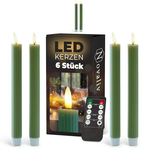 Stabkerzen LED mit Timer Grün 6 Stück indoor - 6 Stunden - ECHTWACHS gerippt 23cm Höhe für Kerzen 2,2cm Durchmesser 2 AAA Batterien notwendig LED Stabkerzen 2er Set Grün (zwei Mal) bewegliche Flamme