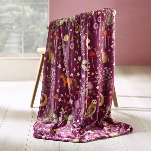 Catherine Lansfield Enchanted Twilight Animals Cosy Fleece 130x170cm Blanket Throw Plum