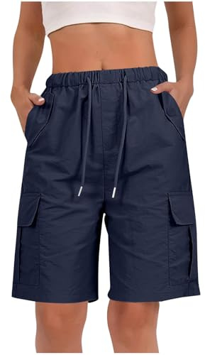 RLEHJN Cargo Shorts Women UK Clearance, Ladies Bermuda Shorts Baggy Short Cargo Pants with Multiple Pockets Summer Drawstring Elasticated Waist Half Pants for Outdoor Hiking Work Travel Golf Navy