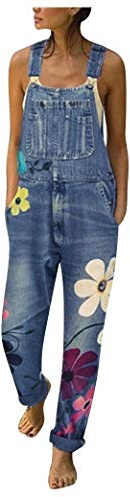 Generisch Salopette pour femme - Salopette surdimensionnée en jean avec fleurs - Pantalon en jean long - Sans manches - Salopette en jean ample - Grandes tailles - Combinaison de travail extensible