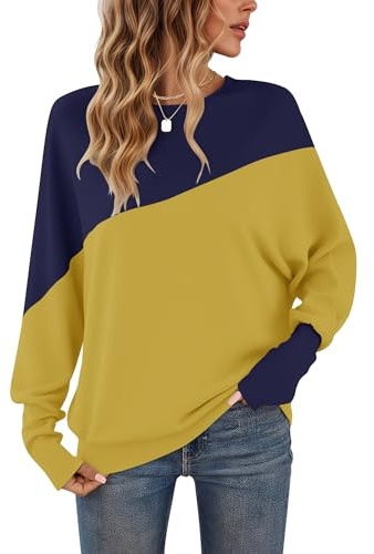 WNEEDU Maglietta a Maniche Lunghe da Donna Girocollo Patchwork Felpa Colorata Polsini Stretti Pullover da Donna Giallo Chiaro M