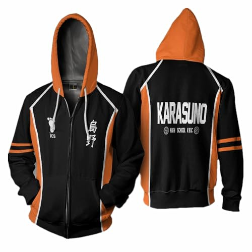 Charous Anime Haikyuu!! KARASUNO Club 3D-Digitaldruck Reißverschluss Hoodie, Unisex-Sweatshirts für Manga-Fans, Cosplay oder Geschenk, Schwarz , 5XL