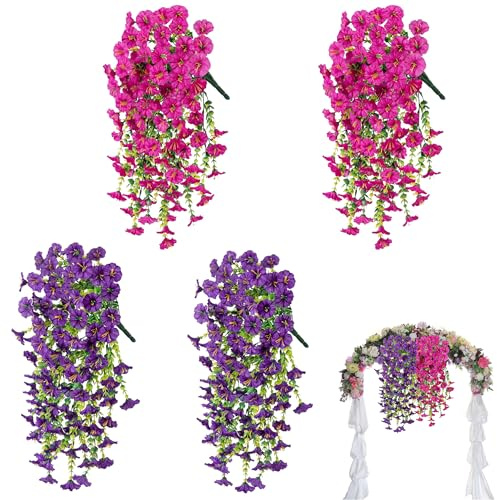 WLHFDC 4 Stück Künstliche Hängepflanzen,Petunie Seidenblumen 75cm,Künstliche Balkonpflanzen,Kunstblumen für Draußen Wie Echt und UV-beständig Wetterfest für Haus Garten Balkon(Lila + Karmesinrot)