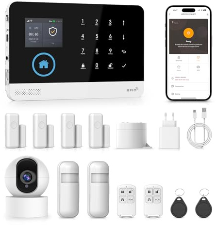 Système d'alarme Maison sans Fil 4G avec Camera,Alarme Maison Wi-FI avec Contrôle APP, Détecteur de Mouvement, Télécommandes, Capteurs de Fenêtre et de Porte, Sirène, Compatible avec Alexa, Google