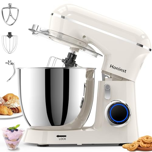 Honinst Küchenmaschine Knetmaschine, 10 P Stufen Teigknetmaschine, 1400W Teigmaschine, Rührmaschine mit 6.5L EdelstahlschüSsel, Schneebesen, Knethaken, Rührbesen & Spritzschutz zum Backen, Weiß