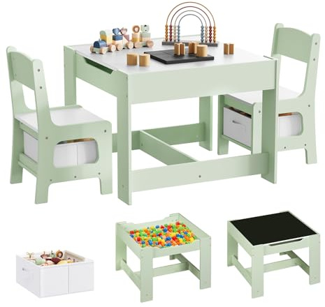 WOLTU Mesa Infantil con 2 Sillas, Mesa y Silla Niños con Almacenaje, Tablero Reversible, Mueble Niños para Guardería, a Partir de 2 Años, Madera, Verde + Blanco