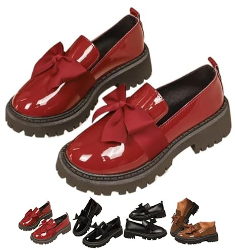 MAOAEAD Mocasines antideslizantes con puntera redonda para mujer, con lazos, bonito diseño de lazo, de charol, con plataforma, sin cordones, Burgundy, 41.5 EU