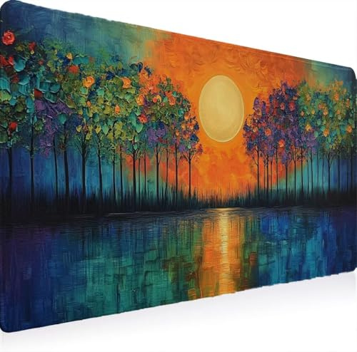 Tapis Souris XXL 800 x 400 Grand Prolongé Tapis Souris, Gamer Bureau Rubber Base Anti Dérapage, Imperméable Mouse Pad, Haute Précision et Vitesse avec Bords Cousus pour Bureau, Lune Le Lac W0G1-1079