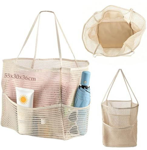 Strandtasche XXL, 55 x 30 x 36 cm, Mesh, mit Reißverschluss Innentasche | Faltbare, Leichte, Große Kapazität, Badetasche, für Damen, für Sommerreisen, Picknick, Strand, Shopper