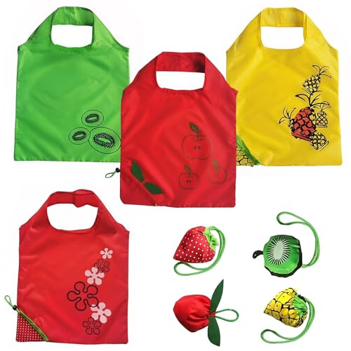 KIPTVO 4 Pack Foldable Shopping Bags with Fruit Patterns, Portable Reusable Tote Bags for Grocery, Travel, Beach & Gym – Lightweight, Durable & Washable Eco Tote Bag Set