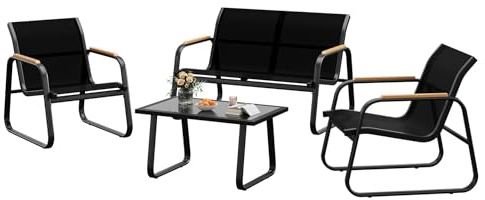 4 Teiliges Outdoor Gartenmöbel Set, Sofa, 2 Sessel & Glastisch Langlebig | Aus Stahl ,Wetterfestes Von Balkonmöbel,Für Garten, Balkon Oder Terrasse,Einfache Montage