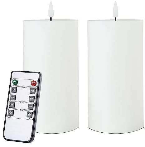 volnyus White Flameless Candles Set of 2 (3x6 inch) Flickering LED Wax Candles Battery Operated with Remote Control Timers for Night Light/Fireplace/Party Dimmable Pillar Candles Flat top