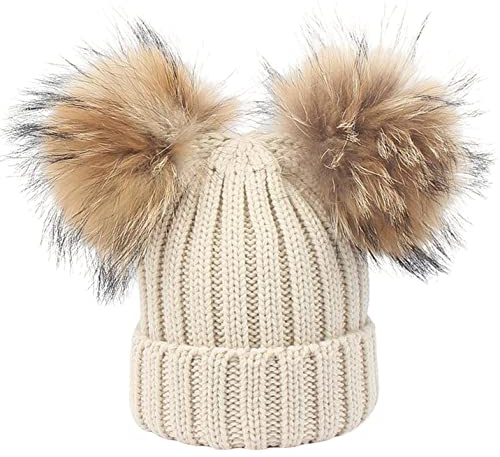 feifanshop Damen Unisex Wolle Mütze Strickmütze Fellbommel Groß Waschbär Fell Pelz Bommel Strick Mütze Winter-Mütze Bommelmütze