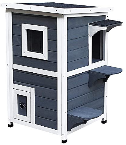 PawHut Wooden Cat House 2-Floor Outdoor Kitten Shelter with Window Grey