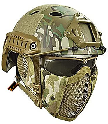MH Taktik Fast Helm kombiniert, Mit Faltbarer Gehörschutz Halbgesichts Netz Maske und Goggles für Airsoft Paintball CS Game