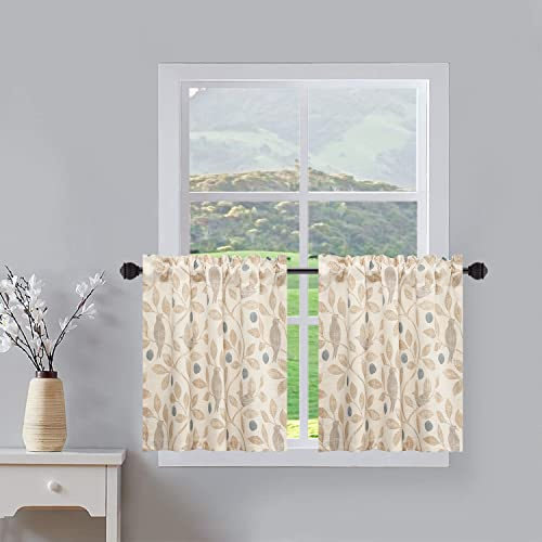 VOGOL Country Bird Print Tier Curtains, 30 x 24, 2 Panels, Beige | Linen Look Texture, Decorative Small Window Treatment, Filters Sunlight, for Bathroom and Cafe Door