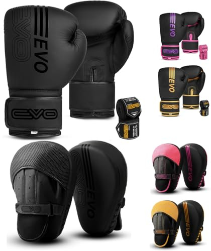 EVO Fitness Matte Black Boxing Gloves and Pads Set Punching Focus Mitts Hook and Jab Hand Target Strike Shield Training Sparring MMA Martial Arts Muay Thai Kickboxing Karate Men Women (16 OZ, Black)