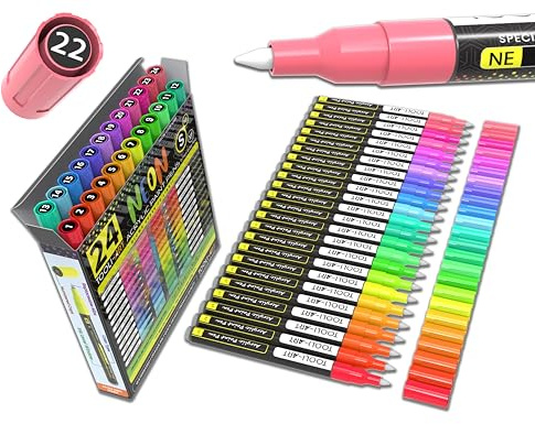 24 fluoreszierende Acrylstifte mit 0,7 mm extra feiner Spitze für Felsmalerei, Glas, Tassen, Holz, Metall, Leinwand, DIY-Projekte, ungiftig, trocken