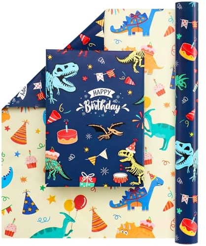 WERNNSAI Dinosaurier Geschenkpapierrolle – 1 Rolle 43 cm x 10 m wendbares Geburtstags Geschenkpapier Kinder Dinosaurier Geschenkpapier Geburtstagskind Dinosaur Boy wrapping paper single roll