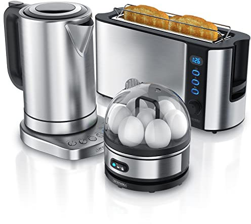 Arendo Set Ensembles Bouilloire et grille-pain et cuiseur à oeufs Bouilloire turbo en inox 1,7L 40°-100°C, Toaster 2 Tranches Ecran LED 6 niveaux de brunissage Cuiseur à oeufs 1-7 oeufs verre doseur