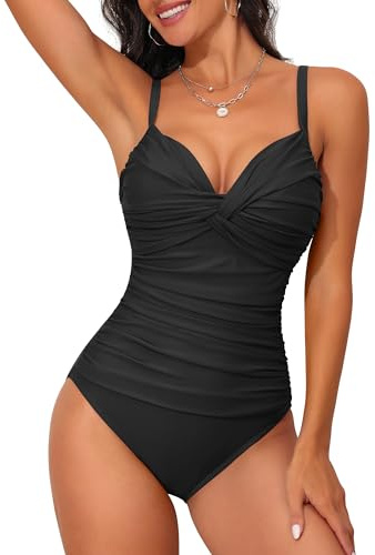 Firpearl Women's Push Up One Piece Swimsuit with Underwire Bra Support Black Ruched Swimwear Tummy Control Bathing Suits US 10