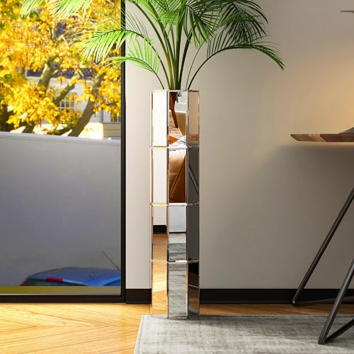SHYFOY 70 cm Vaso da Terra Alto da Interno Vasi Moderni da Interno Alti, Superficie dello Specchio, Struttura in MDF, Grande Vaso Decorativo in Argento, Cilindro Ottagonale