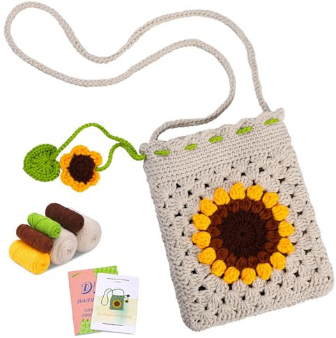 Jlnmmn Häkelset für Anfänger, Häkel Tasche Set für Anfänger Sonnenblumen, Komplette Häkelsets, Anfänger-Häkelset, Handytasche Häkelset, mit Diy Handwerk Schritt-für-Schritt-Video-Tutorials