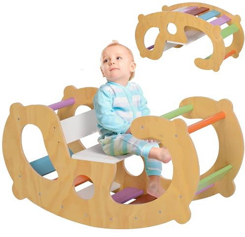 AIYAPLAY Gioco per Bambini 2 in 1 Arco Montessoriano e Sedia a Dondolo per Uso Interno, Arco da Arrampicata in Legno di Pino, 91x41x48 cm, Multicolore