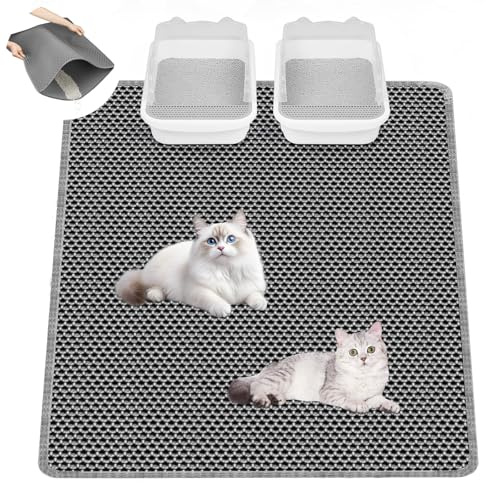 LDYOEN Tapis Litiere Chat, 90x60 CM Tapis Chat, Double Couche Nid d'abeille Tapis de Litière pour Chat, Imperméable et Lavable, Antidérapant, Non Toxique EVA Tapis Litiere XXL, Gris