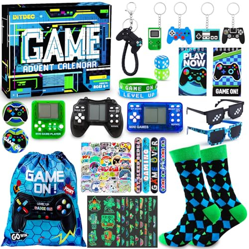 DIYDEC Christmas Advent Calendar 2025, 24 Days Christmas Countdown Calendar with Video Game Party Favors for Kids Xmas Keychains Bracelet Toys for Boys Girls Adults Goodie Bags Fillers