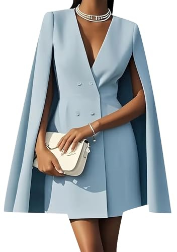 YMING Femmes sur Mesure Habillée Double Poitrine Blazer Robes Affaires À Angle Droit Épaule A-Ligne Mini Robes Bleu M
