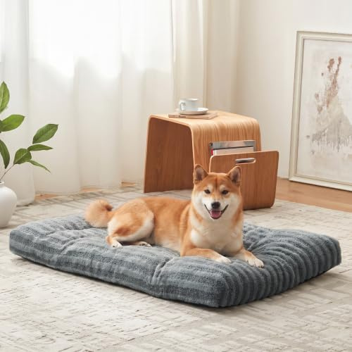Pawk Medium Dog Bed Washable - Fluffy Plush Fur Dog Mattress, Anti-Slip Dog Beds for Dog Crate, Calming Anti Anxiety Dog Mat, 74 × 53 × 8 cm, Grey