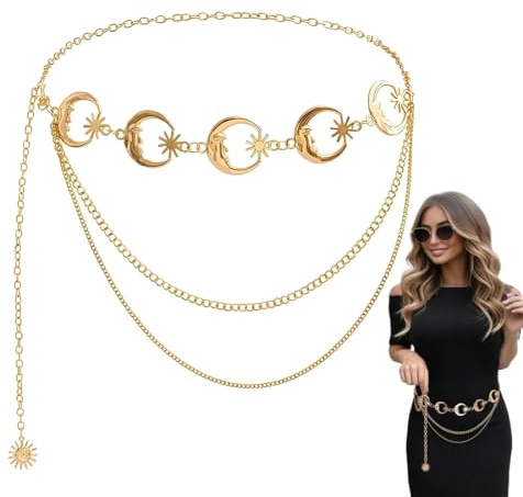 BDEPSTR Damen Mode Taillengürtel - Gold Kettengürtel mit Mond-Design, Verstellbar für Kleider, Röcke & Pullover, Elegant für Party & Alltag