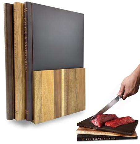Set di 3 taglieri con supporto, set di taglieri da biblioteca, taglieri decorativi, legno massello di acacia, set di tre pezzi, con supporto, per verdure, formaggio, pane e carne