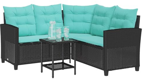 vidaXL Trädgårdsoffa med kudde 2 pcs Svart och turkos Poly rattan, Modern utemöbelset, avtagbara överdrag, väderbeständigt, UV-beständigt, bakgårdssoffa, trädgårdsmöbler, altansittning