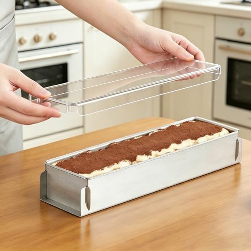 Rostfritt stål Tiramisu form, kakform rund, bakram rektangulär justerbar, rostfritt stål bakform nonstick belagd, transparent lock springform avtagbar botten för hemmet gastronomi 40 x 10 x 6