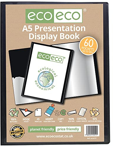 eco-eco A5 storlek 50% återvunnen 60 fickor svart presentationsbok, förvaringsfodral, portfölj, konstmapp med plasthylsor